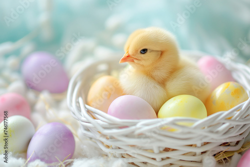 little cute chick in a basket with colorful eggs for easter on a white background in studio, easter card © Paulina