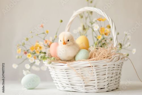 little cute chick in a basket with colorful eggs for easter on a white background in studio, easter card