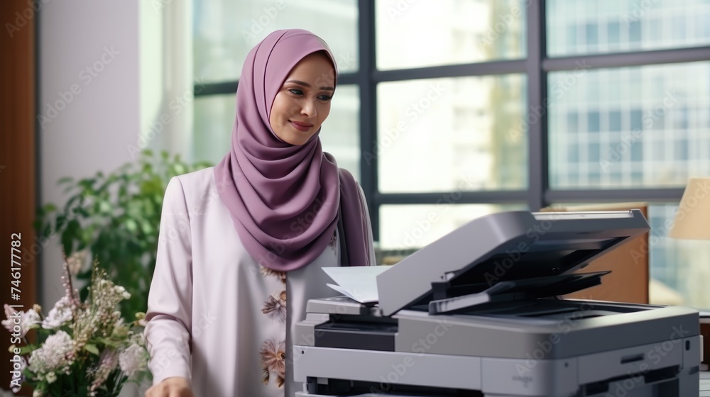Businesswoman standing next to a photocopier Businesswoman standing next to a photocopier