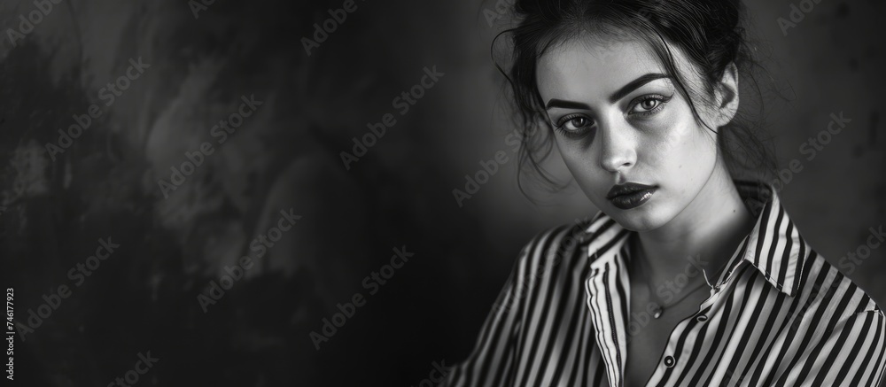 A black and white image of a woman wearing a striped shirt, standing confidently with a cunning expression, indicating malicious intent.