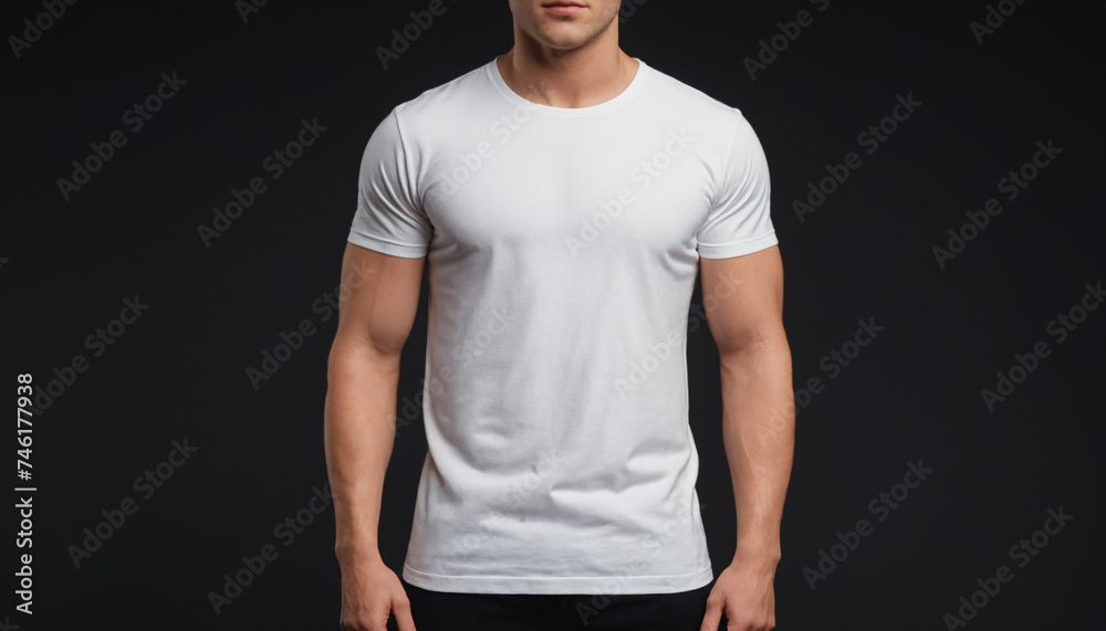 A model man wearing a blank white t-shirt isolated on dark background, ideal as a mockup for logos, designs, or branding A model man wearing a blank white t-shirt isolated on dark background, ideal as a mockup for logos, designs, or branding