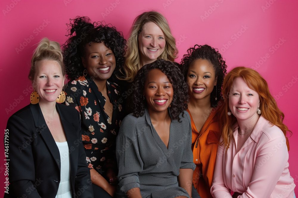 Fototapeta premium A group of professional women of diverse backgrounds posing with bright smiles against a vibrant pink backdrop.