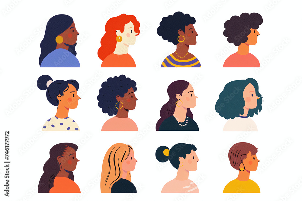 A collection of illustrated female profiles showcasing a range of hairstyles, ethnicities, and accessories on a colorful background. A collection of illustrated female profiles showcasing a range of hairstyles, ethnicities, and accessories on a colorful background.