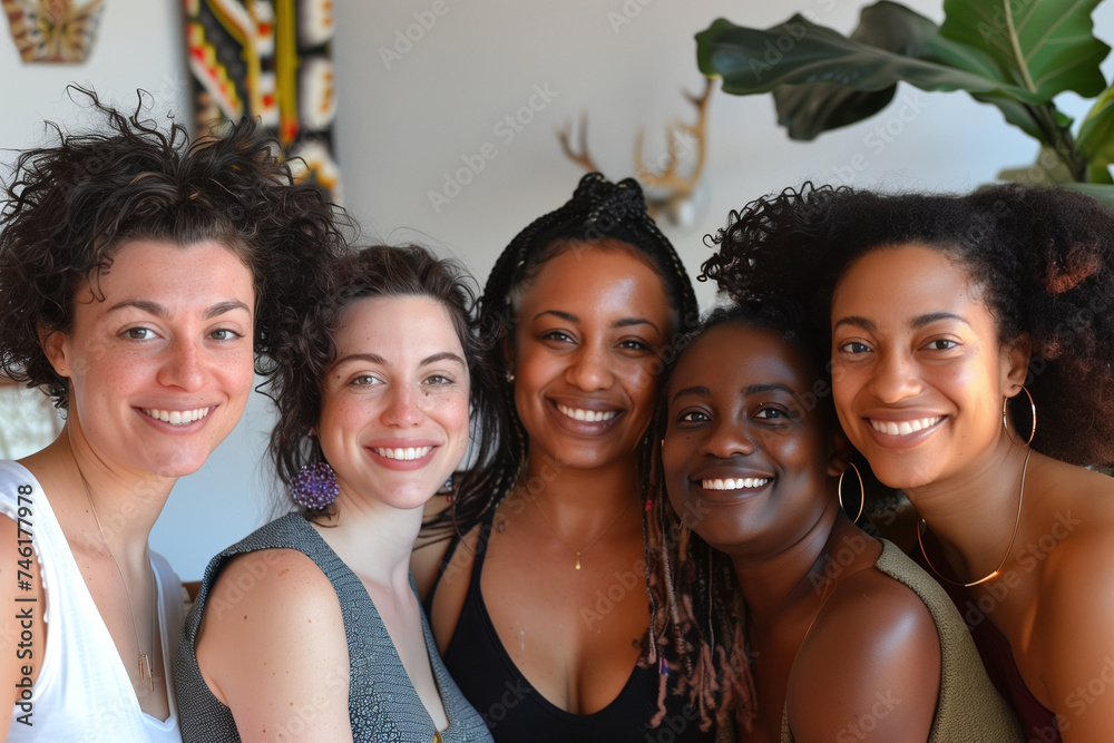 Obraz premium A diverse quintet of friends gather for a cheerful photo, surrounded by lush indoor plants, radiating warmth and friendship
