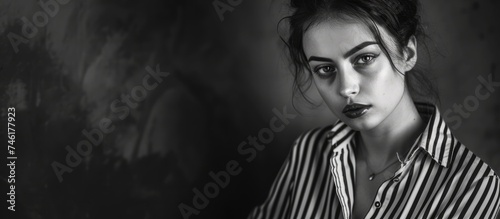 A black and white image of a woman wearing a striped shirt, standing confidently with a cunning expression, indicating malicious intent. photo