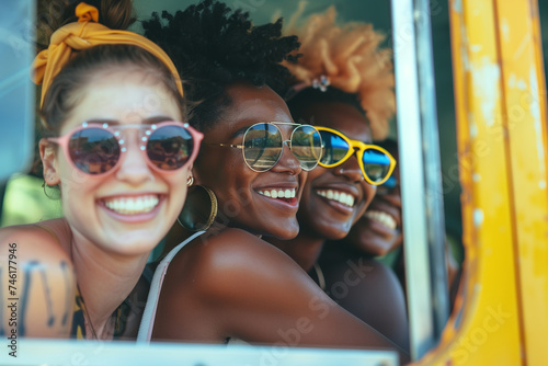 Three friends in vibrant sunglasses beam with joy inside a vehicle, showcasing diversity and friendship.