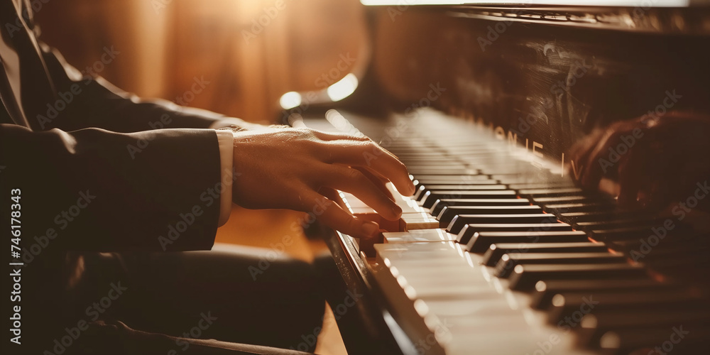 Close-up of hands playing piano keys bathed in warm light - obrazy, fototapety, plakaty 