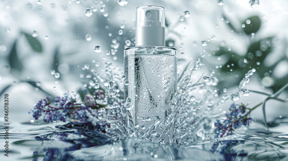 Skincare bottle with splashing water around it, symbolizing hydration and purity. Skincare bottle with splashing water around it, symbolizing hydration and purity.