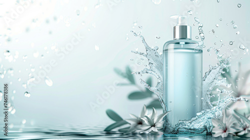Skincare bottle with splashing water around it, symbolizing hydration and purity.