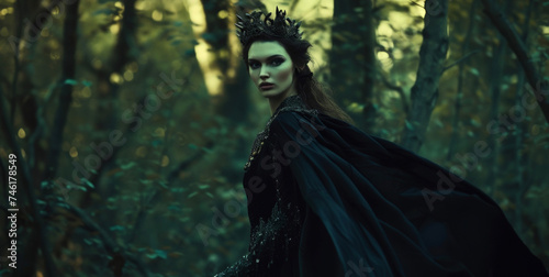 The darkness of the forest is her playground as she roams in a black jumpsuit topped with a flowing cape and a spiked headband.