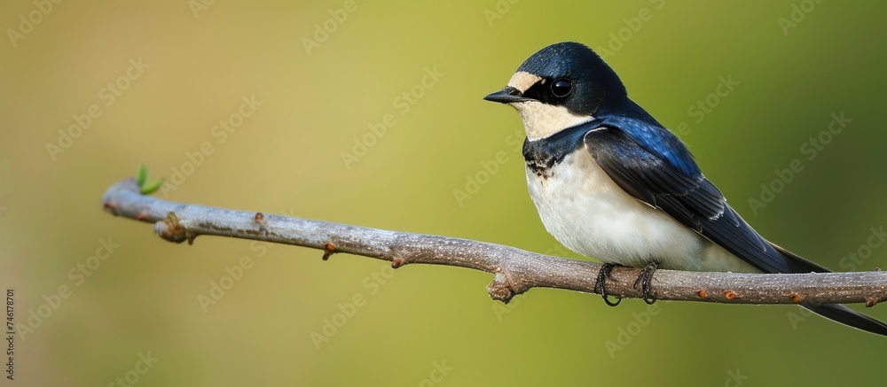 A young swallow, with blue and white feathers, sits gracefully on a branch, looking content. The bird finds solace in its perch, showcasing its delicate beauty in nature. A young swallow, with blue and white feathers, sits gracefully on a branch, looking content. The bird finds solace in its perch, showcasing its delicate beauty in nature.