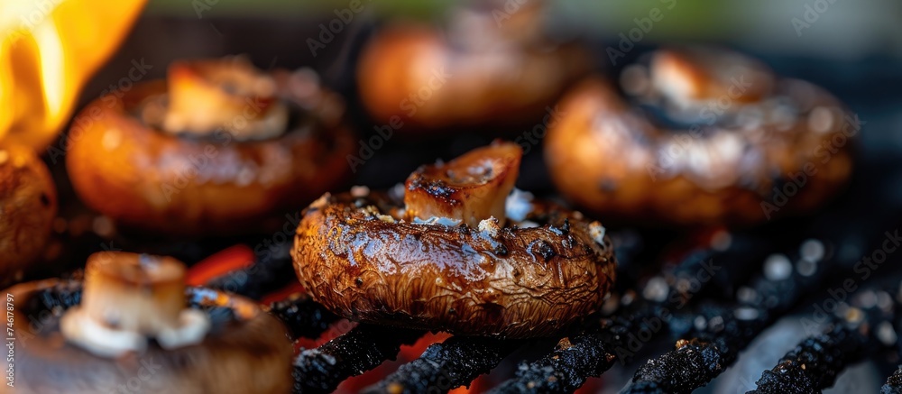 A close-up photo of a bunch of fresh mushrooms being grilled over charcoal, resulting in an appetizing and juicy dish.