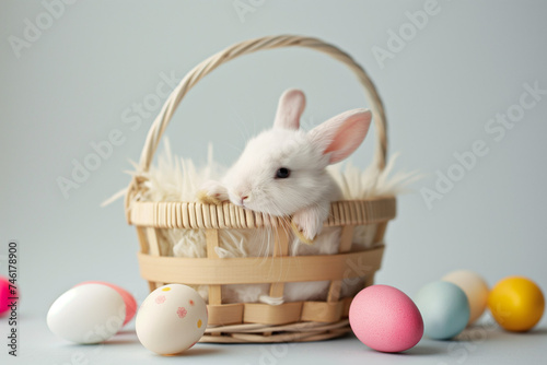 little white bunny in a basket with colorful eggs for easter on a white background in studio, easter card, generative AI photo