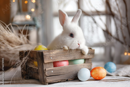 little white bunny in a basket with colorful eggs for easter on a white background in studio, easter card, generative AI photo