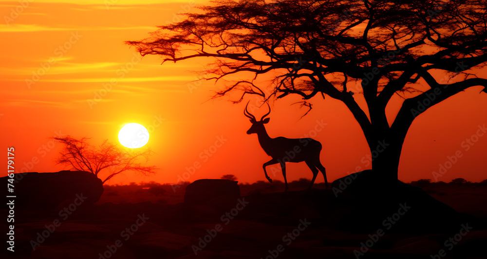 antelope walking in an orange sunset under a tree