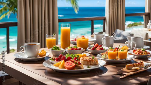 The hotel's rich and delicious breakfast, fruits and desserts, and the beautiful tropical scenery outside the window 