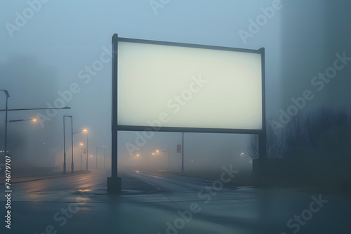 Blank Billboard on a Foggy Street. An empty billboard on a misty urban street  setting a mysterious and moody tone for potential advertising space.