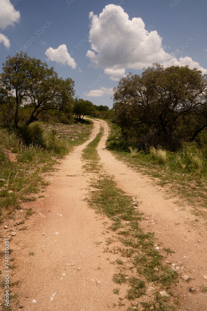 View of the empty dirt road across the hills and meadow in a sunny day with a blue sky with clouds.	
