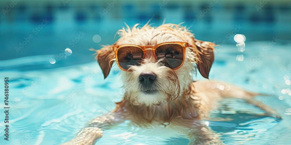 puppy dog lounging in the pool with sunglasses - obrazy, fototapety, plakaty 