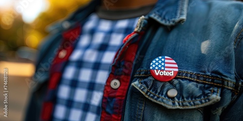 Citizen wearing "I voted" pin with American flag design for voting in the 2024 American election 