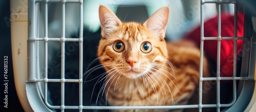 A cat is seen sitting inside a cage, looking directly at the camera. © AkuAku