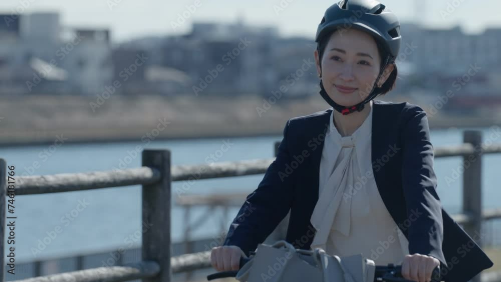 ヘルメットを被る自転車通勤のビジネスウーマン ヘルメットを被る自転車通勤のビジネスウーマン
