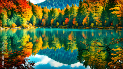 Autumn scenery of lakes and mountains, yellow leaves reflected in the lake, and spectacular snow-capped mountains in the distance 