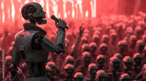 A robot with a microphone on stage in front of a crowd of robots.