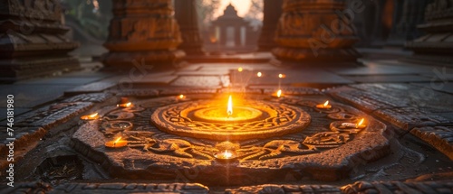 Glowing symbols etched in a temple central to a ritualistic sacrificial ceremony at dusk