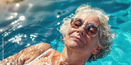 Older woman floating in the swimming pool sunbathing in the afternoon sun