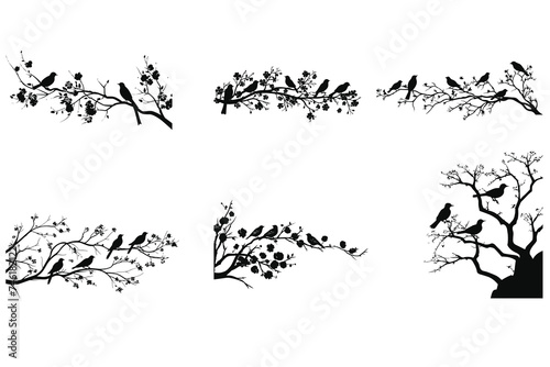A set of silhouettes of a graceful tree blooming flowers with birds. 