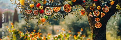 A whimsical pizza tree branches laden with different flavored pizza slices set in an Italian countryside orchard photo