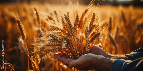 A man holds golden ears of wheat against the background of a ripening field.
