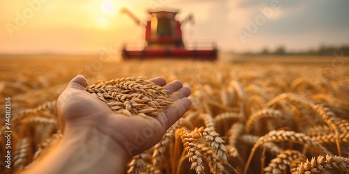 A man holds golden ears of wheat against the background of a ripening field.