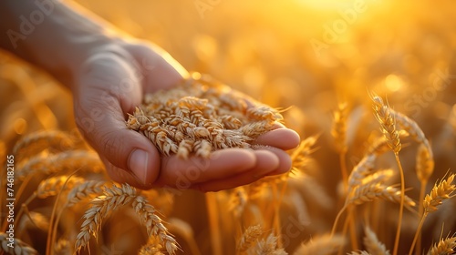 A man holds golden ears of wheat against the background of a ripening field. © Vasiliy