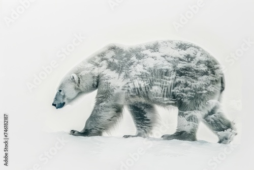A polar bear blended with the icy landscape of the Arctic in a double exposure