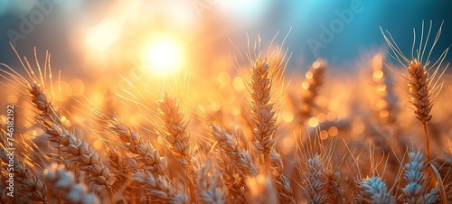 wheat field in golden sunlight, in the style of light orange and azure