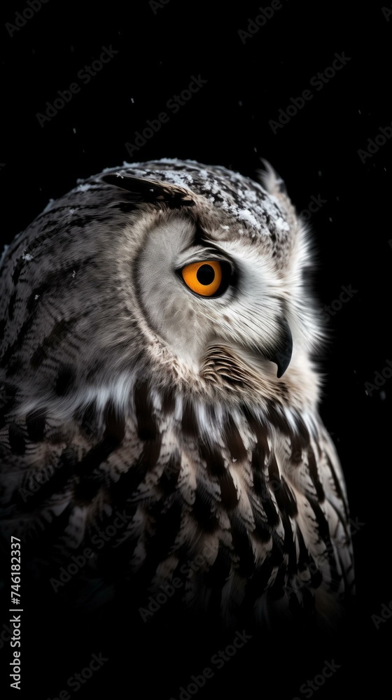 Majestic Close-up of Eagle Owl with Intense Orange Eyes on Dark Background Majestic Close-up of Eagle Owl with Intense Orange Eyes on Dark Background