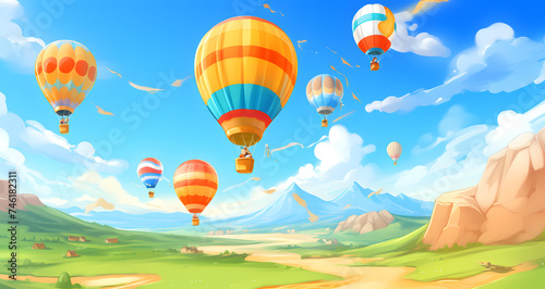 colorful hot air balloons over the countryside in a sunny day