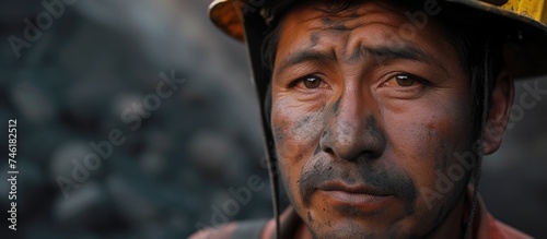 A Latin American miner, with dark skin, wearing a hard hat covered in mud, raises awareness and advocates for better working conditions in the mining industry.