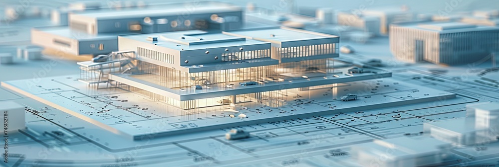 3D model of corporate headquarters (hq). Enterprise office workplace on top of architecture blueprints