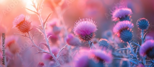 A cluster of Bull thistle flowers  scientifically known as Cirsium vulgare  thriving in a field of green grass during the summer season. The vibrant purple flowers are in full bloom  surrounded by