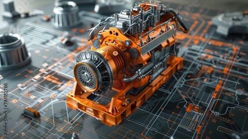 Engine 3D model on top of engineering schematics - automotive mechanical engineering photo