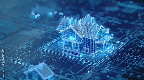 House made of digital data on architectural blueprints