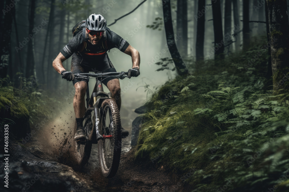 mountain biker in the forest. Copy Space. Free Space