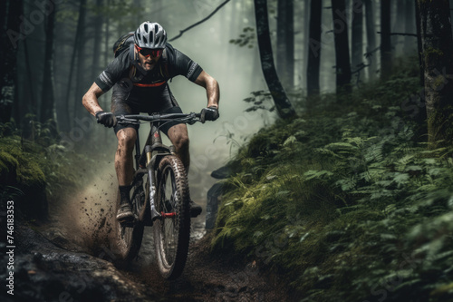 mountain biker in the forest. Copy Space. Free Space © Henrry L