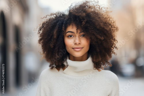 Happy African American Woman with Attractive Curly Hair, Smiling and Looking Confidently at the Camera, Outdoor Portrait on White Wall Background