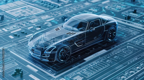 Automobile chassis 3D model made of digital data on engineering schematics photo