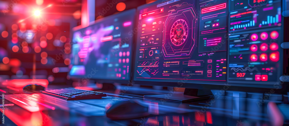 Neon-Lit Network Operations Center with Advanced Monitoring Displays Neon-Lit Network Operations Center with Advanced Monitoring Displays