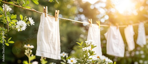 A row of white towels hangs neatly from a clothesline outdoors, secured by wooden clothespins. The towels sway gently in the breeze, drying under the sun. photo